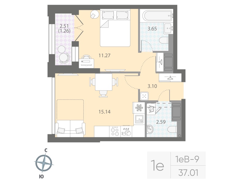 1-комнатная квартира  №273 в Цивилизация на Неве: 37.01 м², этаж 16 - купить в Санкт-Петербурге