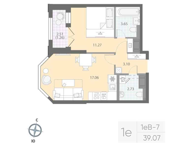 1-комнатная квартира  №165 в Цивилизация на Неве: 39.07 м², этаж 7 - купить в Санкт-Петербурге