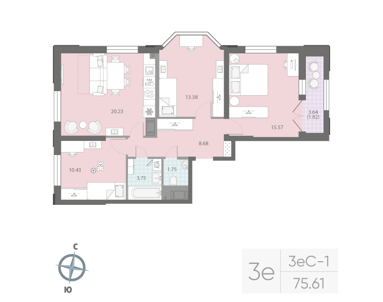 3-комнатная квартира №42Р в: «Цивилизация на Неве»: 75.61 м²; этаж: 7 - купить в Санкт-Петербурге