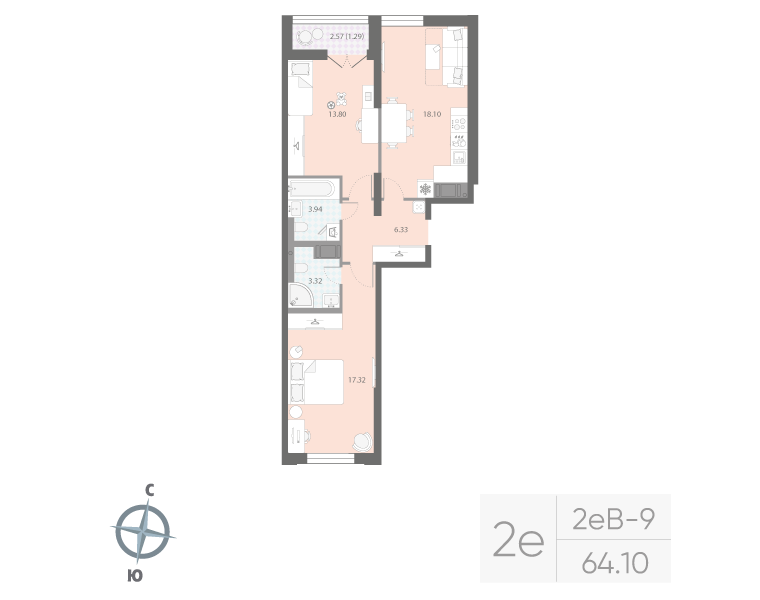 2-комнатная квартира, 64.1 м²; этаж: 7 - купить в Санкт-Петербурге