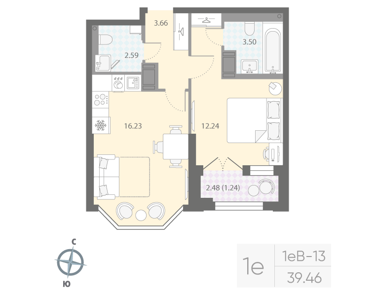 1-комнатная квартира  №417 в Цивилизация на Неве: 39.46 м², этаж 7 - купить в Санкт-Петербурге