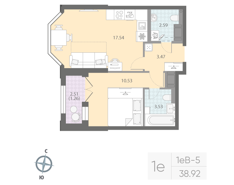 1-комнатная квартира  №49 в Цивилизация на Неве: 38.92 м², этаж 7 - купить в Санкт-Петербурге