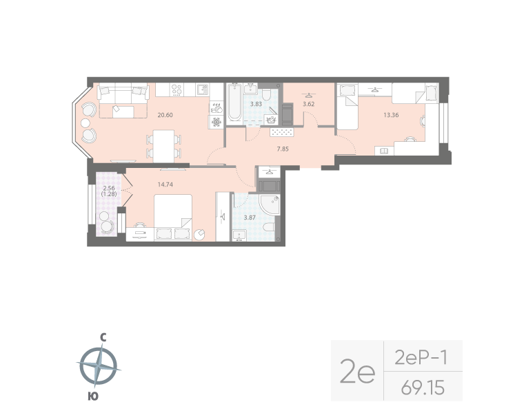 2-комнатная квартира  №321 в Цивилизация на Неве: 69.15 м², этаж 7 - купить в Санкт-Петербурге