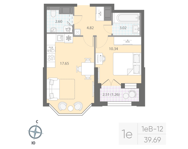 1-комнатная квартира  №416 в Цивилизация на Неве: 39.69 м², этаж 7 - купить в Санкт-Петербурге