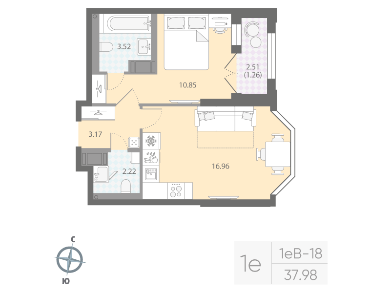 1-комнатная квартира  №670 в Цивилизация на Неве: 37.98 м², этаж 7 - купить в Санкт-Петербурге