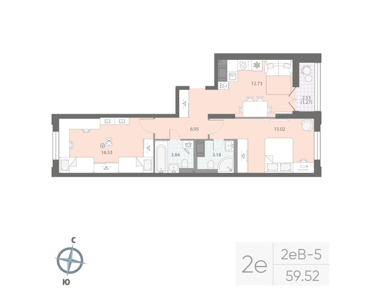 2-комнатная квартира, 59.52 м²; этаж: 16 - купить в Санкт-Петербурге