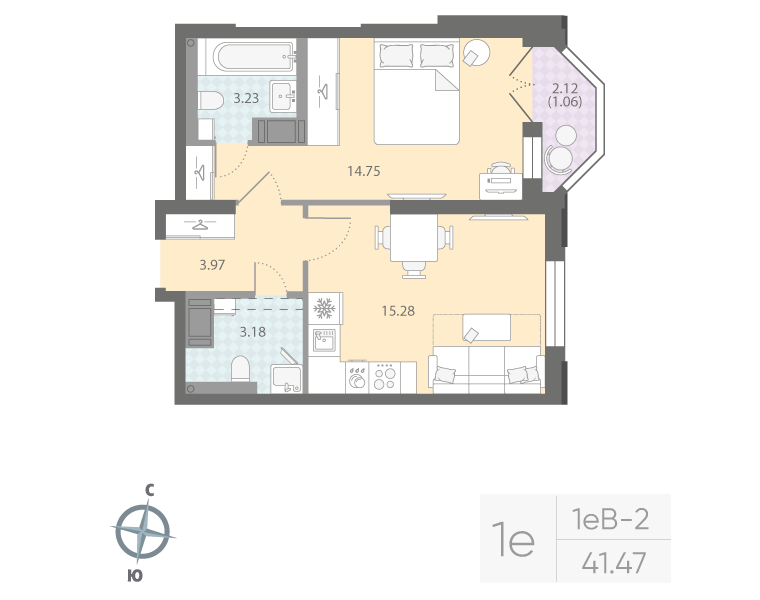 1-комнатная квартира  №45 в Цивилизация на Неве: 41.47 м², этаж 7 - купить в Санкт-Петербурге