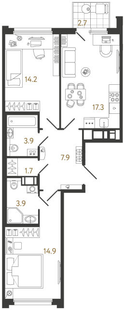 2-комнатная квартира, 63.8 м²; этаж: 3 - купить в Санкт-Петербурге