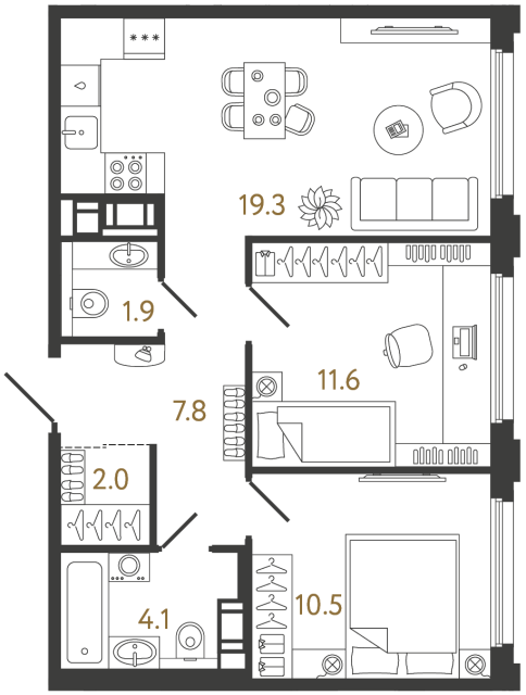 2-комнатная квартира №22 в: Гений: 57.2 м²; этаж: 11 - купить в Санкт-Петербурге