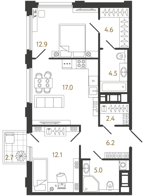 2-комнатная квартира, 64.7 м²; этаж: 15 - купить в Санкт-Петербурге