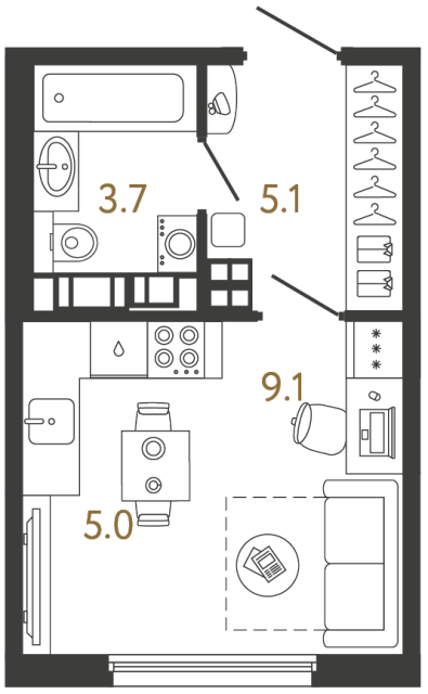 1-комнатная квартира, 22.9 м²; этаж: 14 - купить в Санкт-Петербурге