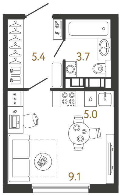 11-комнатная квартира №22 в: Гений: 23.2 м²; этаж: 12 - купить в Санкт-Петербурге