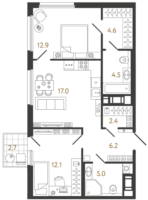 2-комнатная квартира, 64.7 м²; этаж: 19 - купить в Санкт-Петербурге