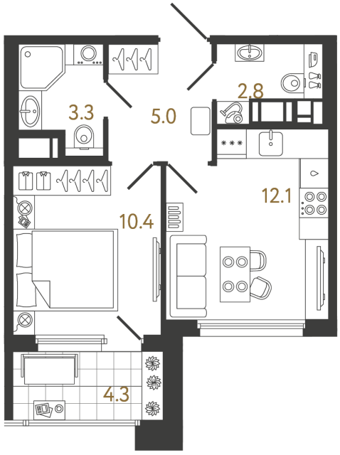 1-комнатная квартира, 33.6 м²; этаж: 18 - купить в Санкт-Петербурге