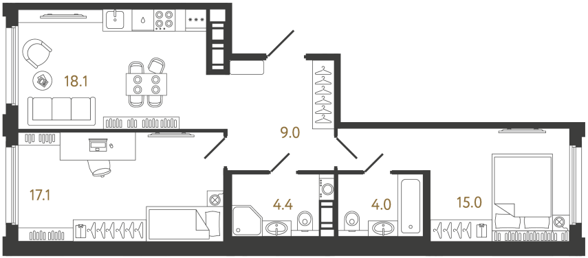 2-комнатная квартира, 67.6 м²; этаж: 2 - купить в Санкт-Петербурге