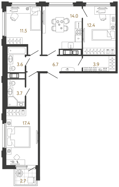 3-комнатная квартира, 73.2 м²; этаж: 12 - купить в Санкт-Петербурге
