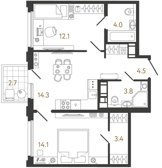 2-комнатная квартира №22 в: Гений: 56.2 м²; этаж: 12 - купить в Санкт-Петербурге