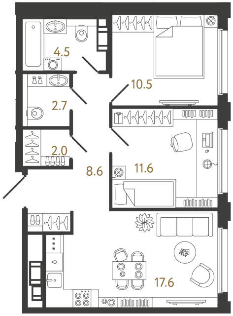 2-комнатная квартира №22 в: Гений: 57.5 м²; этаж: 5 - купить в Санкт-Петербурге