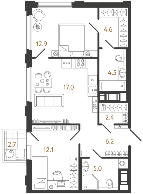 2-комнатная квартира, 64.7 м²; этаж: 14 - купить в Санкт-Петербурге