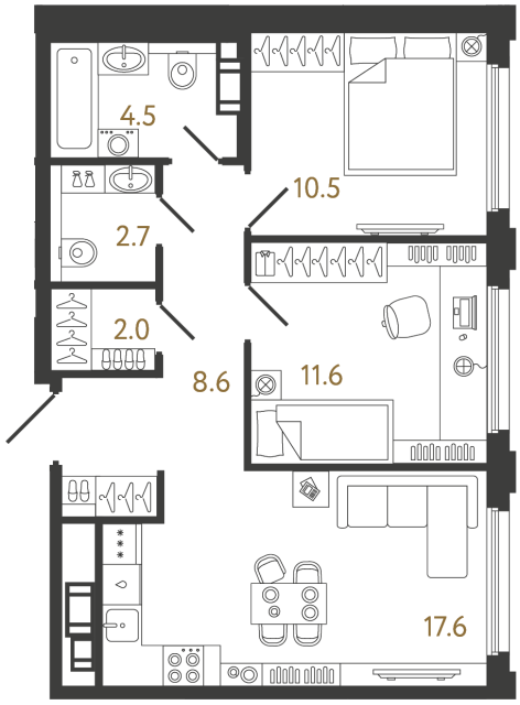 2-комнатная квартира №22 в: Гений: 57.5 м²; этаж: 4 - купить в Санкт-Петербурге