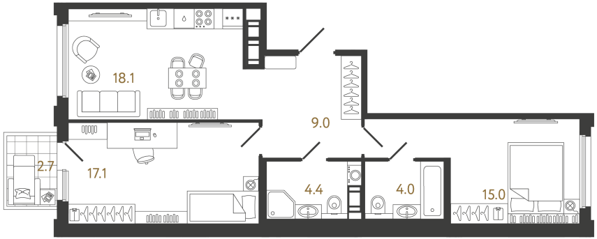 2-комнатная квартира, 67.6 м²; этаж: 11 - купить в Санкт-Петербурге