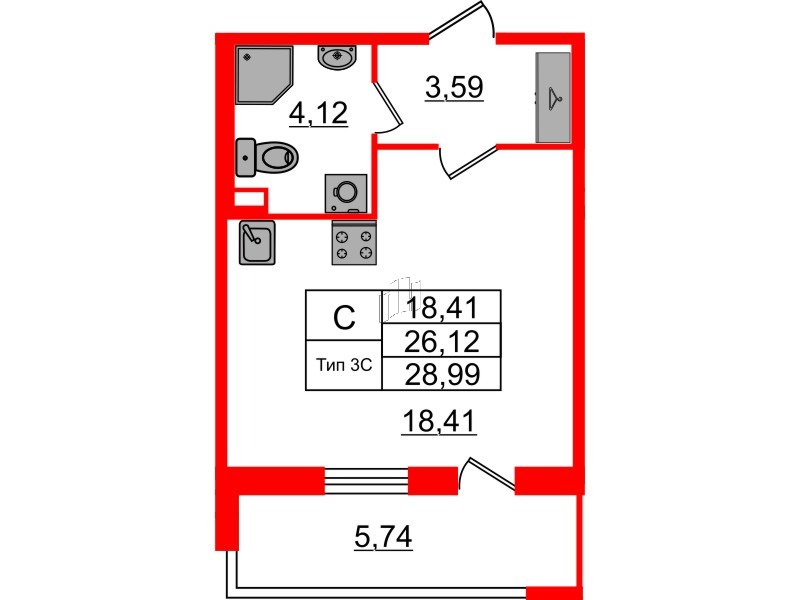 1-комнатная квартира, 26.12 м²; этаж: 1 - купить в Санкт-Петербурге
