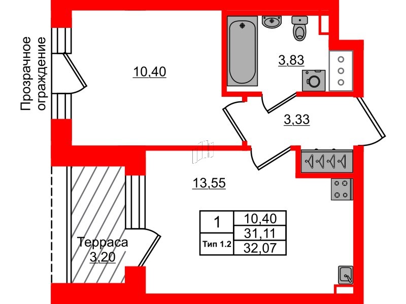 1-комнатная квартира, 31.11 м²; этаж: 12 - купить в Санкт-Петербурге