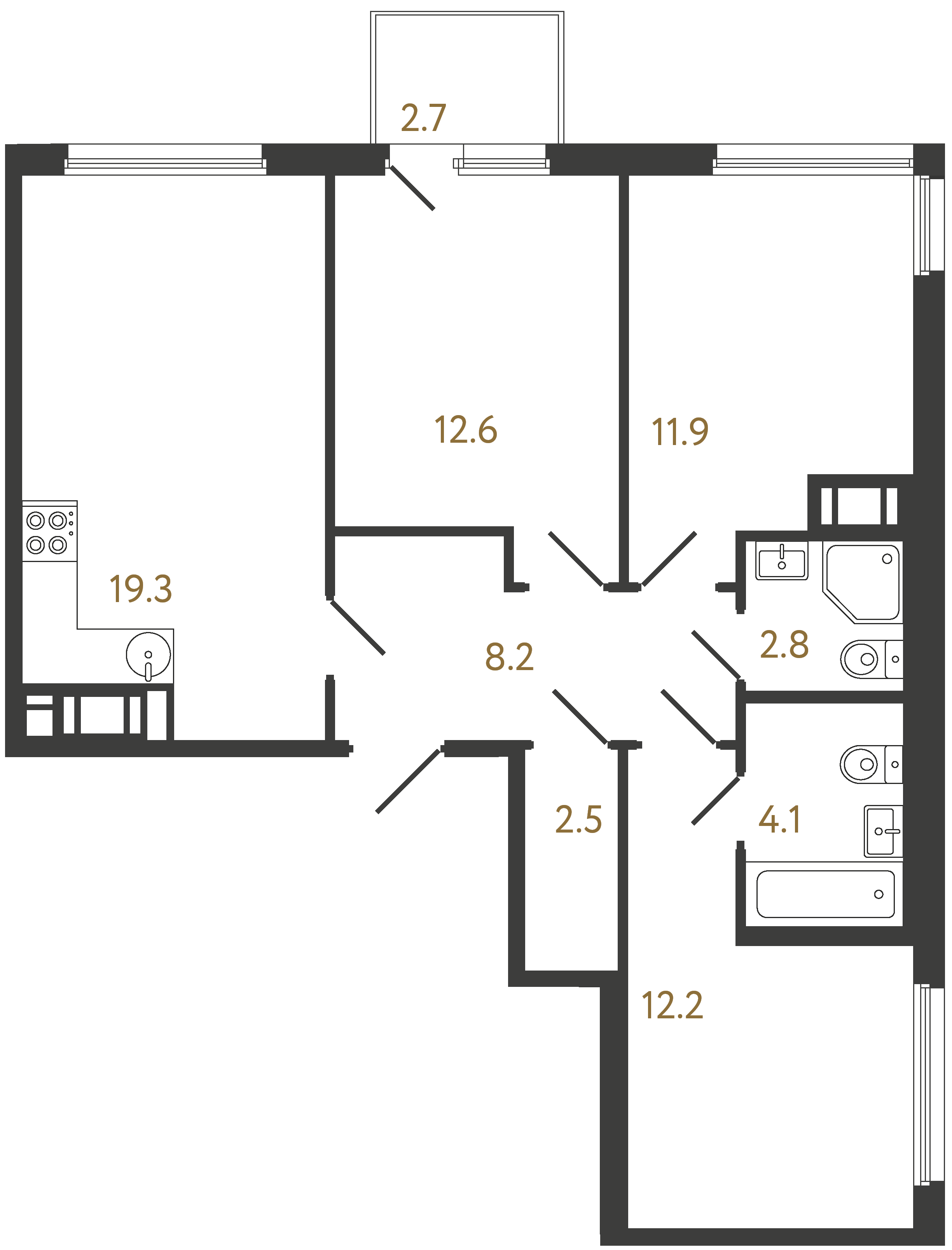 3-комнатная квартира  №1182 в Гений: 73.6 м², этаж 15 - купить в Санкт-Петербурге