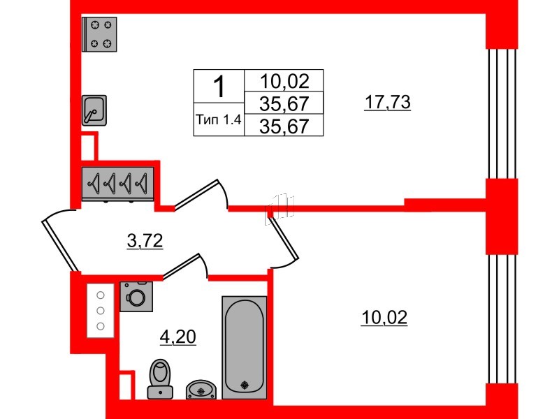 1-комнатная квартира, 35.67 м²; этаж: 2 - купить в Санкт-Петербурге