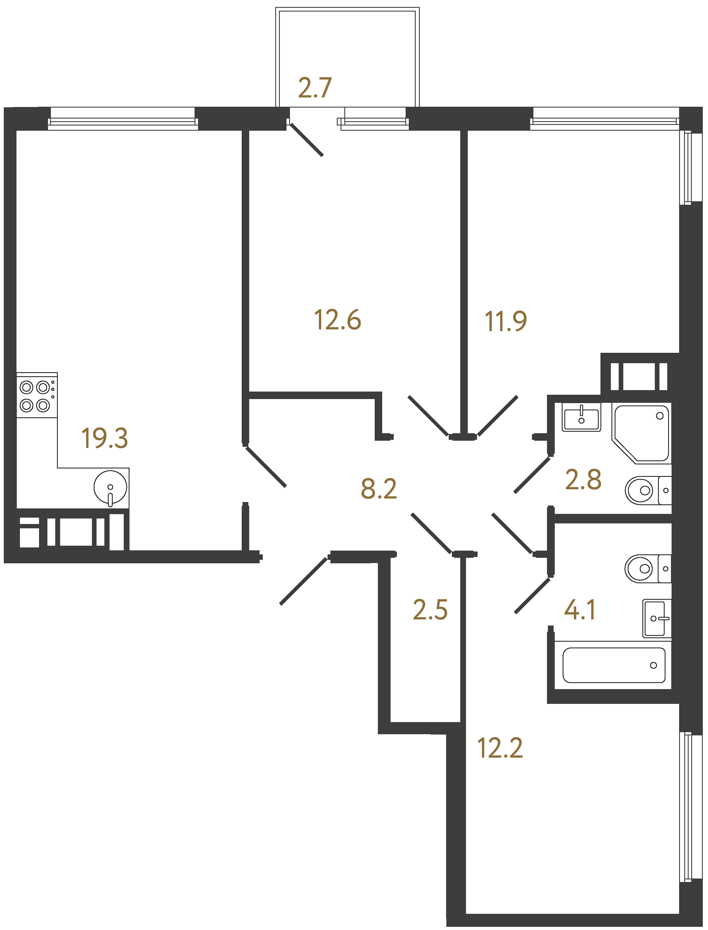 3-комнатная квартира  №1167 в Гений: 73.6 м², этаж 12 - купить в Санкт-Петербурге
