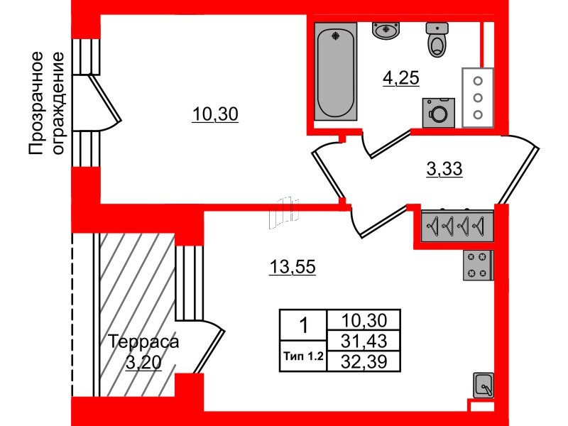 1-комнатная квартира № в: Setl Ривьера: 31.43 м²; этаж: 12 - купить в Санкт-Петербурге