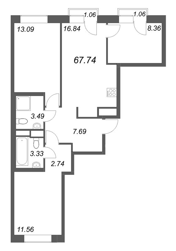 3-комнатная квартира  №622 в ID Petrogradskaya: 67.74 м², этаж 4 - купить в Санкт-Петербурге
