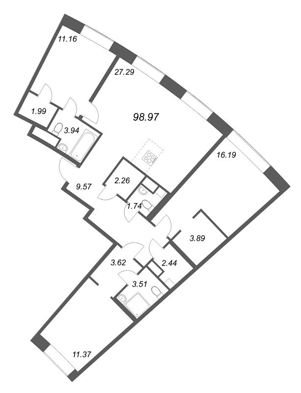 3-комнатная квартира  №169 в ID Petrogradskaya: 98.97 м², этаж 5 - купить в Санкт-Петербурге