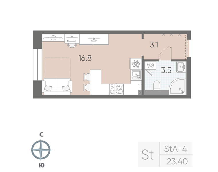 1-комнатная квартира №5 в: «Большая Охта»: 23.4 м²; этаж: 3 - купить в Санкт-Петербурге