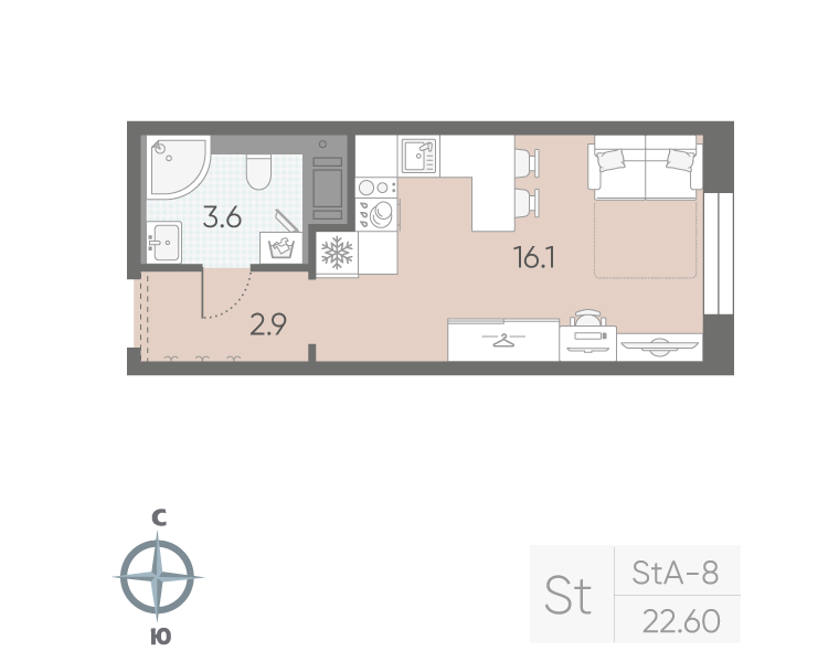 1-комнатная квартира, 22.6 м²; этаж: 5 - купить в Санкт-Петербурге