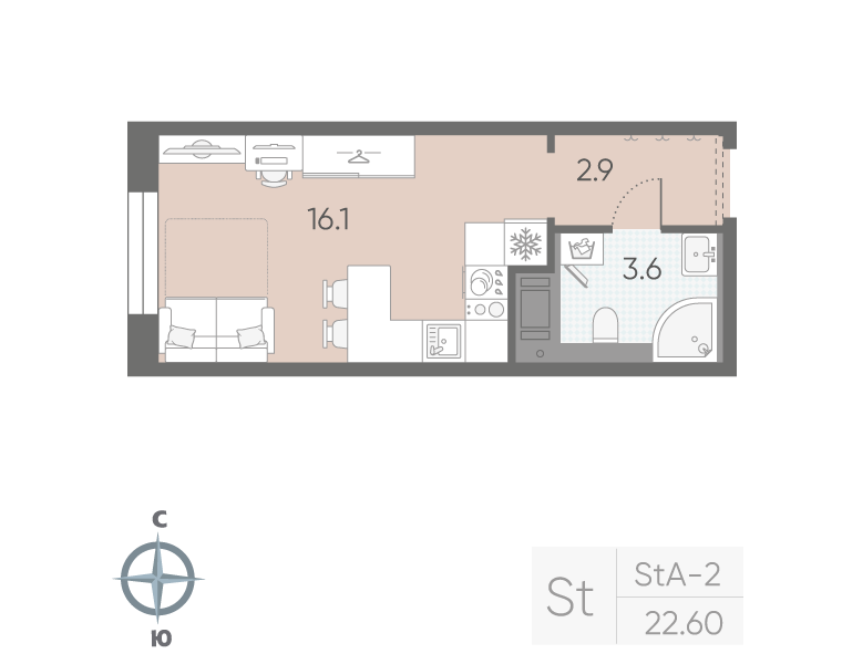 1-комнатная квартира, 22.6 м²; этаж: 4 - купить в Санкт-Петербурге