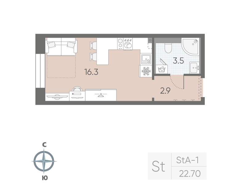 1-комнатная квартира №5 в: «Большая Охта»: 22.7 м²; этаж: 3 - купить в Санкт-Петербурге