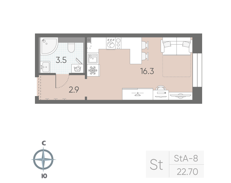 1-комнатная квартира №5 в: «Большая Охта»: 22.7 м²; этаж: 3 - купить в Санкт-Петербурге