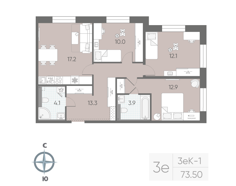 3-комнатная квартира, 73.5 м²; этаж: 3 - купить в Санкт-Петербурге