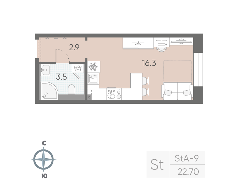 1-комнатная квартира №5 в: «Большая Охта»: 22.7 м²; этаж: 3 - купить в Санкт-Петербурге