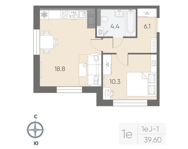 1-комнатная квартира, 39.6 м²; этаж: 10 - купить в Санкт-Петербурге