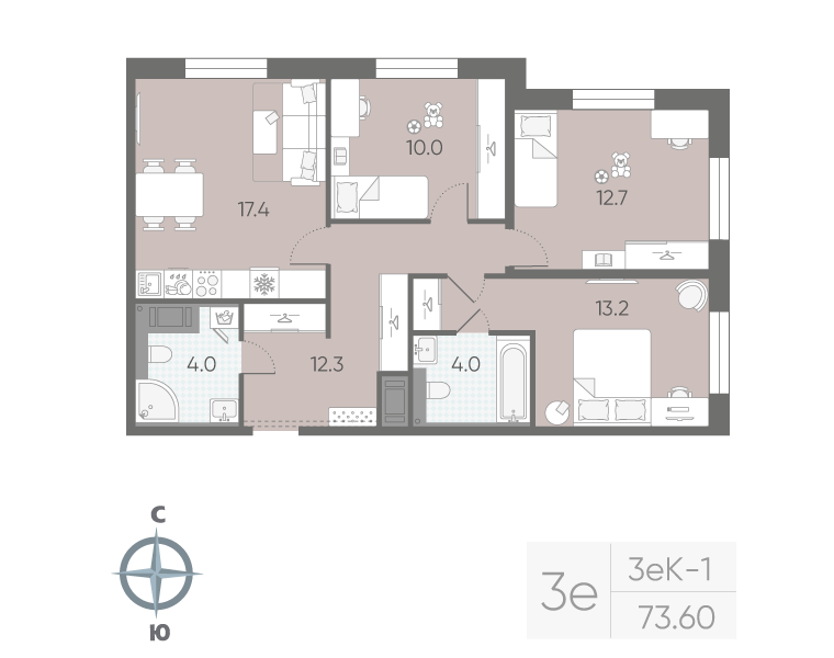 3-комнатная квартира, 73.6 м²; этаж: 10 - купить в Санкт-Петербурге