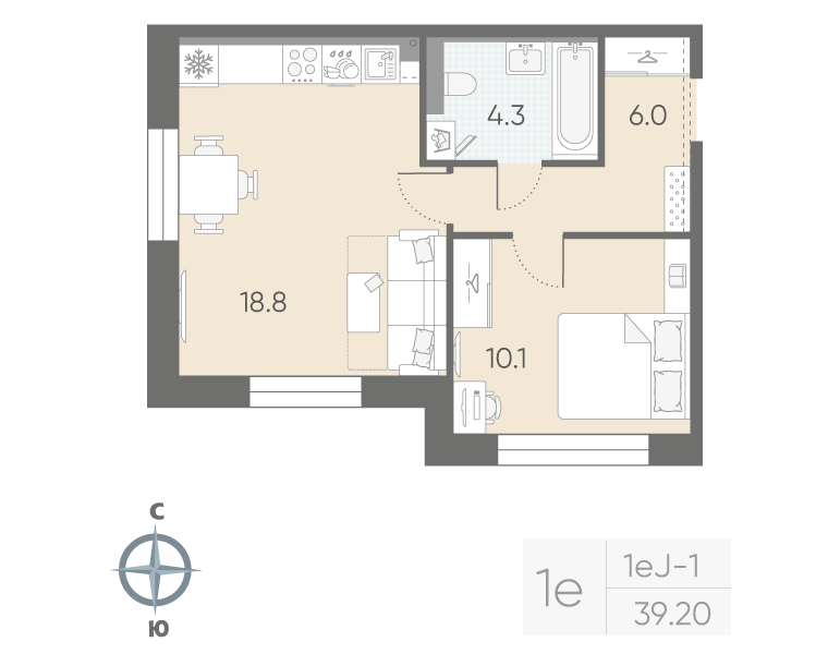 1-комнатная квартира, 39.2 м²; этаж: 3 - купить в Санкт-Петербурге