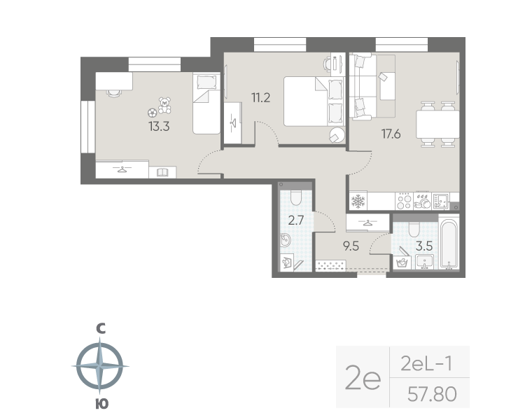 2-комнатная квартира, 57.8 м²; этаж: 3 - купить в Санкт-Петербурге