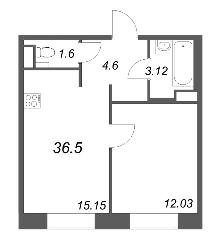 1-комнатная квартира  №301 в ID Petrogradskaya: 36.5 м², этаж 6 - купить в Санкт-Петербурге