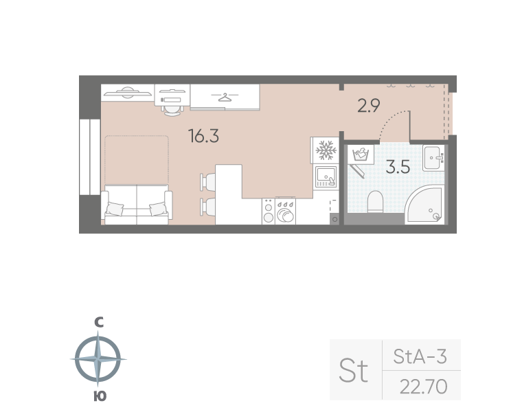1-комнатная квартира №5 в: «Большая Охта»: 22.7 м²; этаж: 3 - купить в Санкт-Петербурге