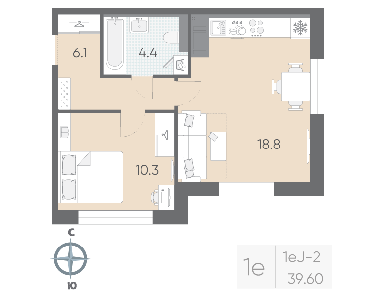 1-комнатная квартира, 39.6 м²; этаж: 10 - купить в Санкт-Петербурге
