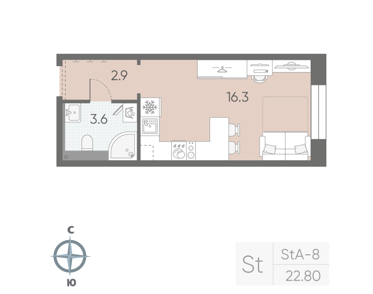 1-комнатная квартира №5 в: «Большая Охта»: 22.8 м²; этаж: 3 - купить в Санкт-Петербурге