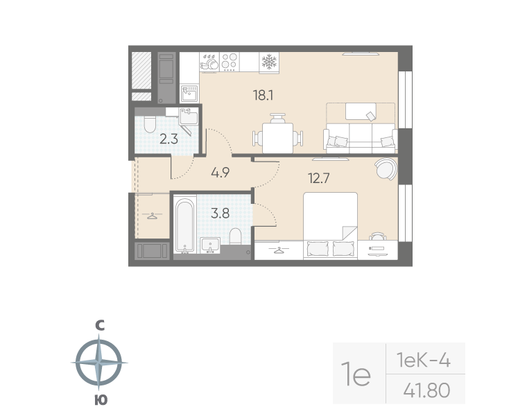 1-комнатная квартира, 41.8 м²; этаж: 11 - купить в Санкт-Петербурге
