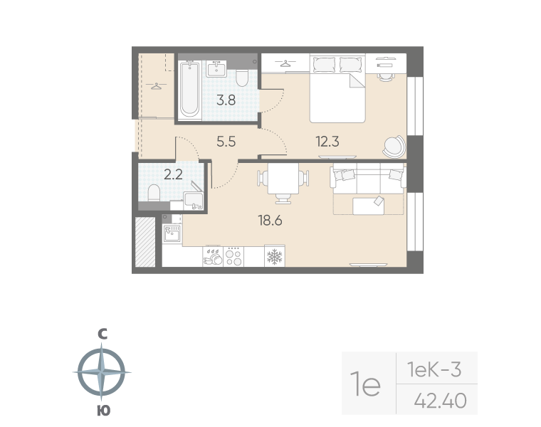 1-комнатная квартира, 42.4 м²; этаж: 3 - купить в Санкт-Петербурге